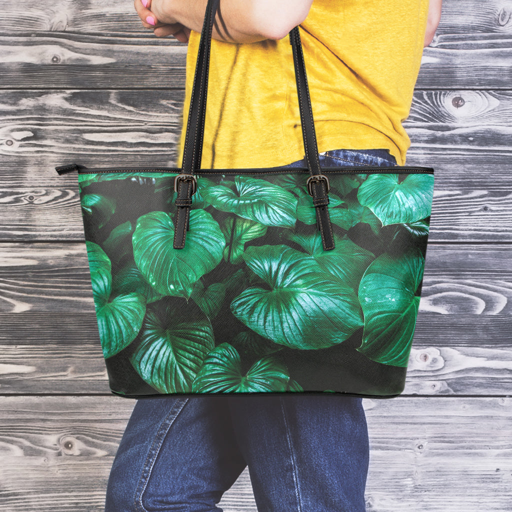 Natural Tropical Leaf Print Leather Tote Bag