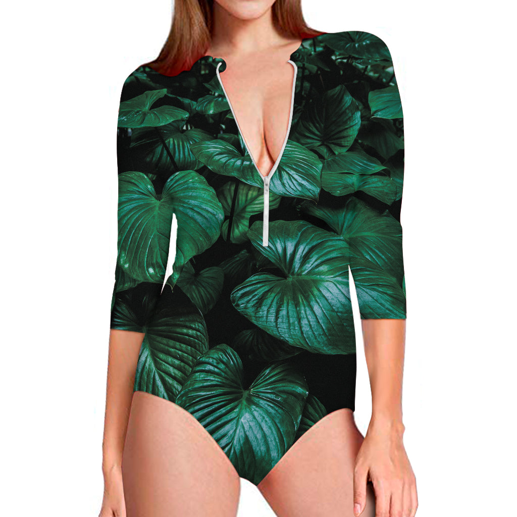 Natural Tropical Leaf Print Long Sleeve One Piece Swimsuit