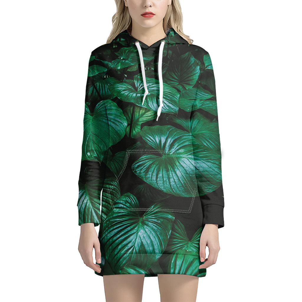 Natural Tropical Leaf Print Women's Pullover Hoodie Dress