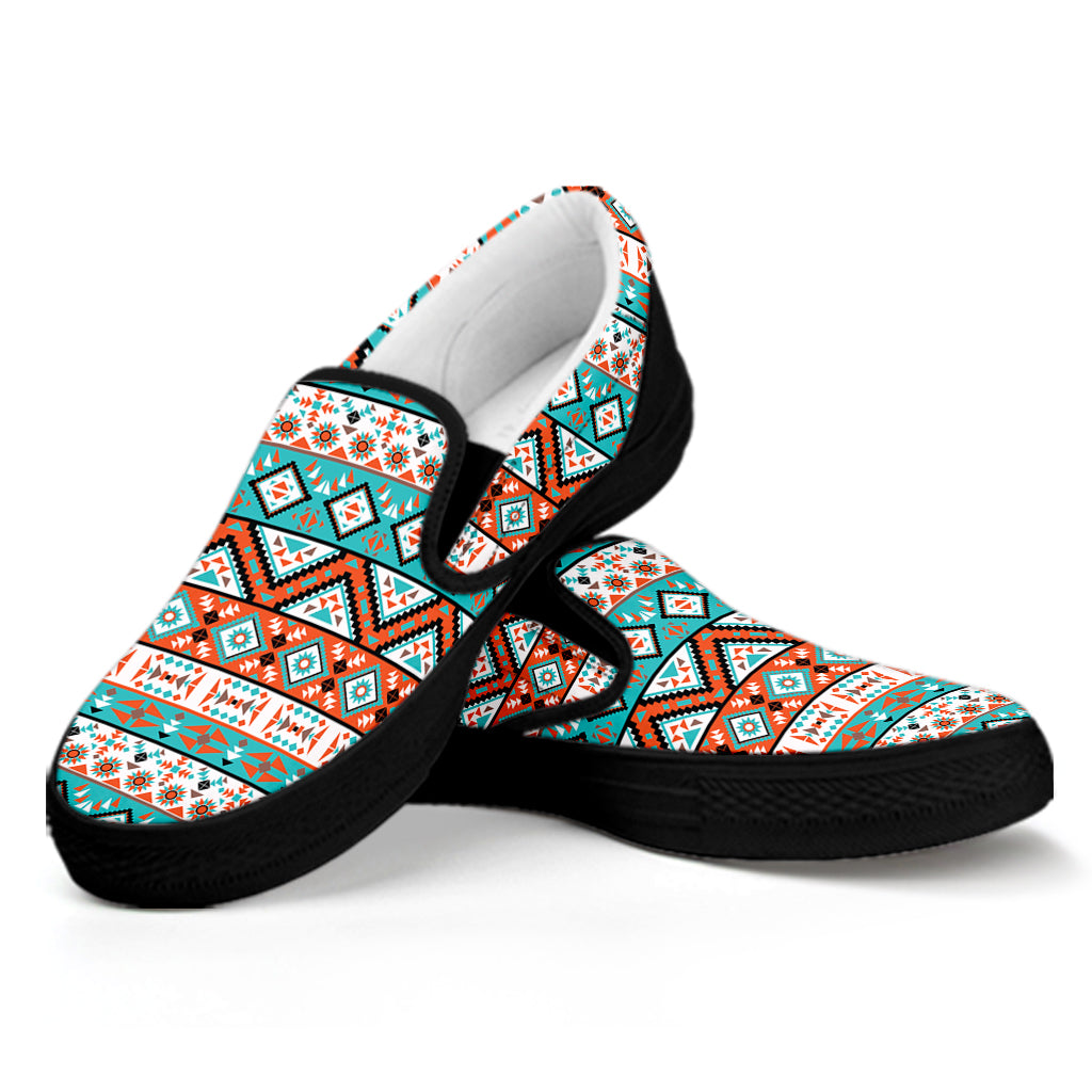 Navajo Geometric Pattern Print Black Slip On Shoes