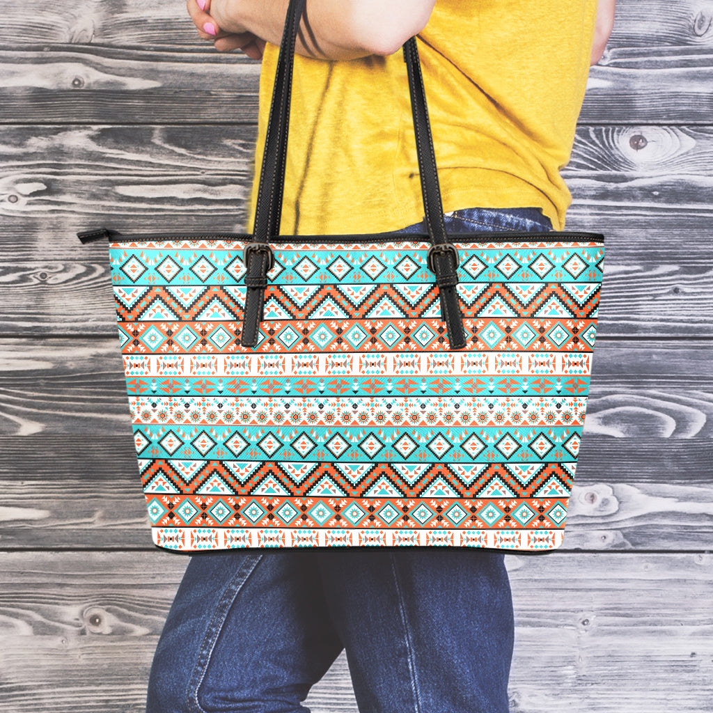 Navajo Geometric Pattern Print Leather Tote Bag