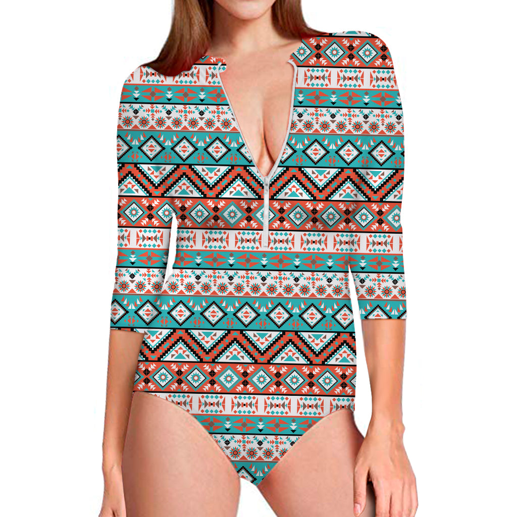 Navajo Geometric Pattern Print Long Sleeve One Piece Swimsuit