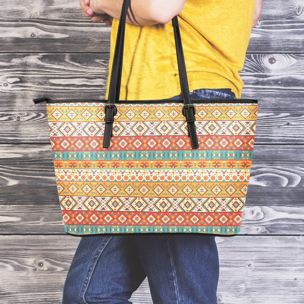 Navajo Native Pattern Print Leather Tote Bag