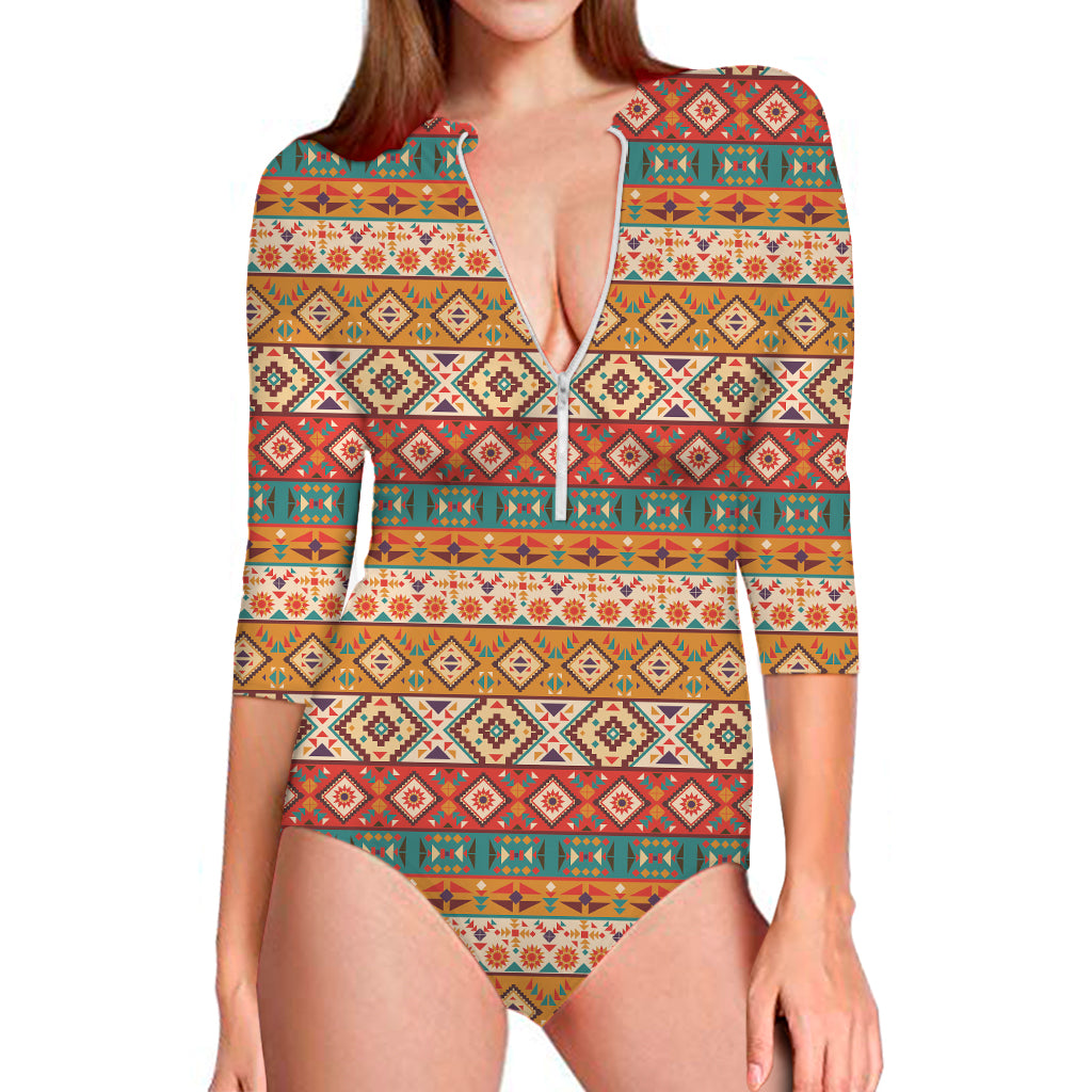 Navajo Native Pattern Print Long Sleeve One Piece Swimsuit