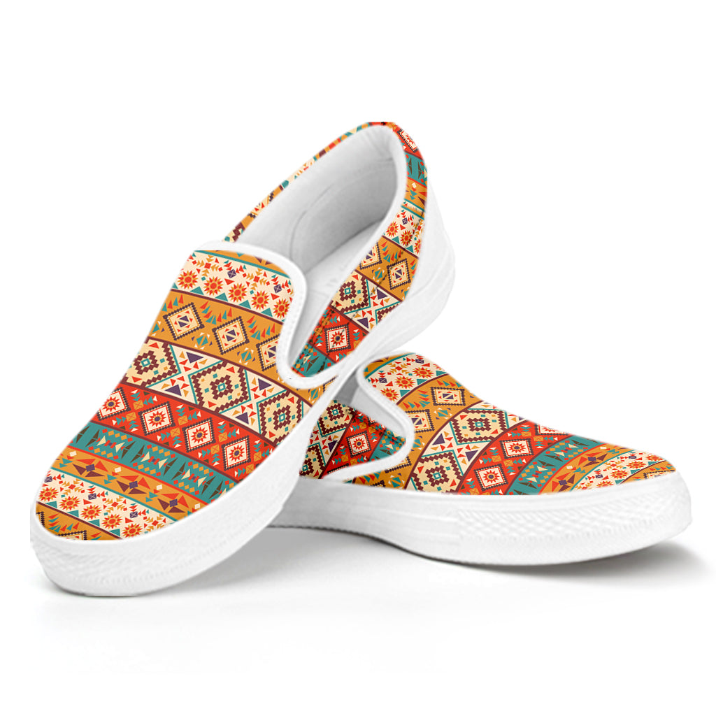 Navajo Native Pattern Print White Slip On Shoes