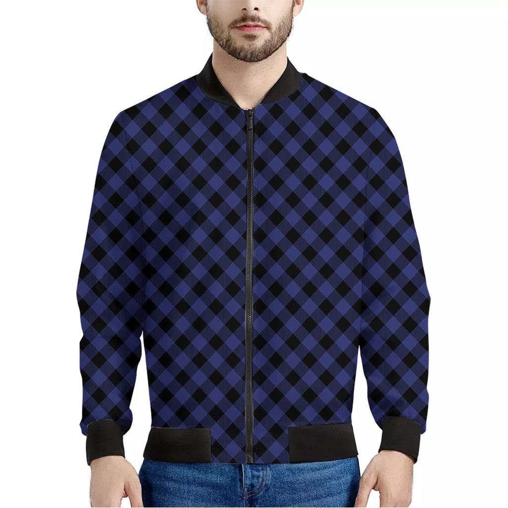 Navy And Black Buffalo Plaid Print Men's Bomber Jacket