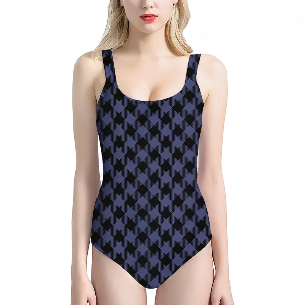 Navy And Black Buffalo Plaid Print One Piece Halter Neck Swimsuit