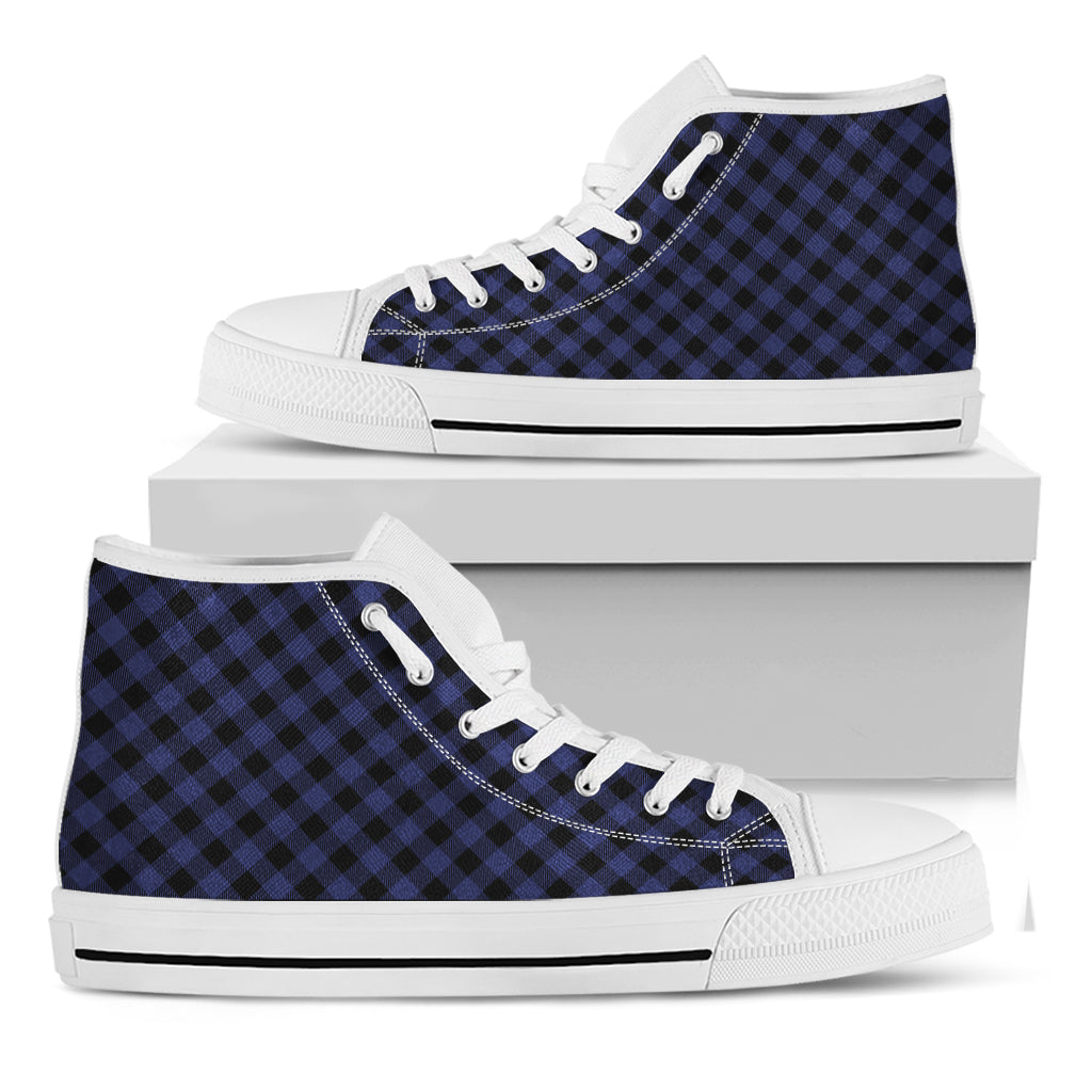 Navy And Black Buffalo Plaid Print White High Top Shoes