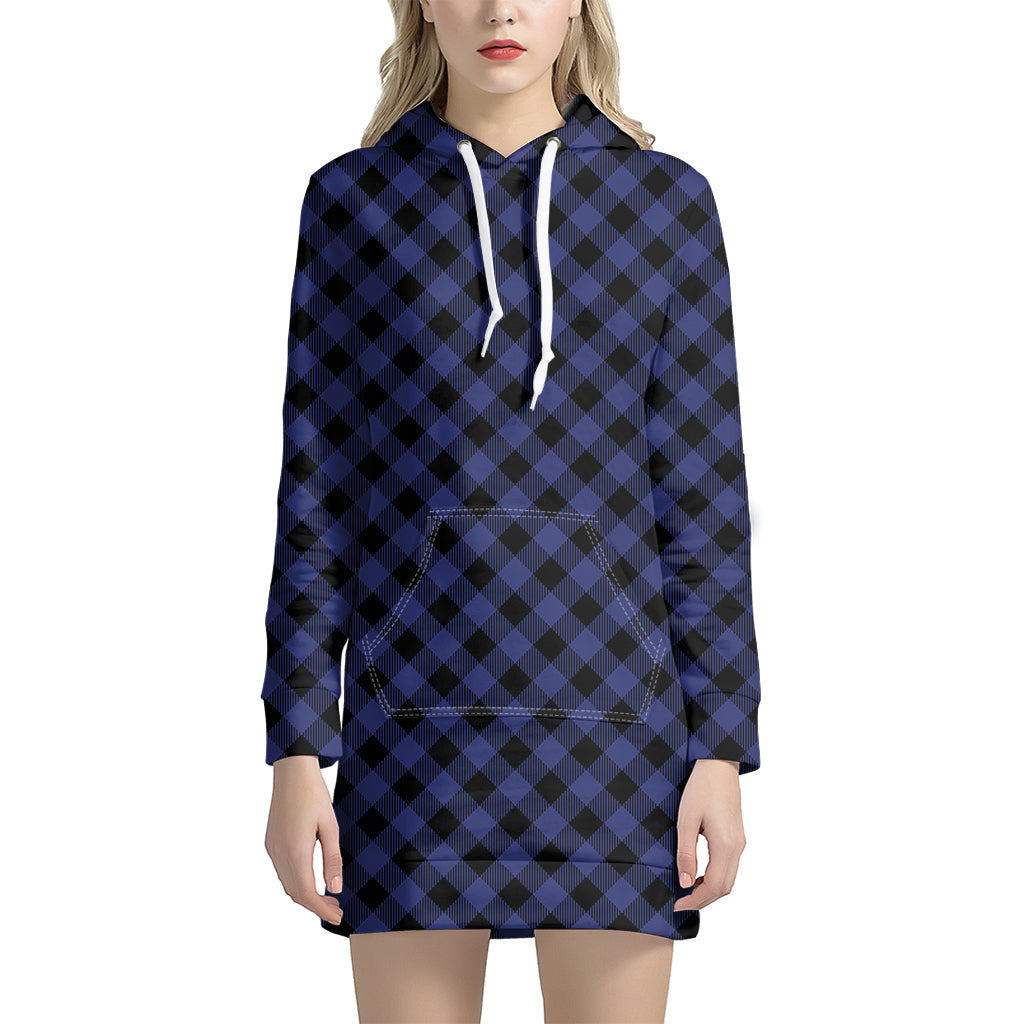 Navy And Black Buffalo Plaid Print Women's Pullover Hoodie Dress