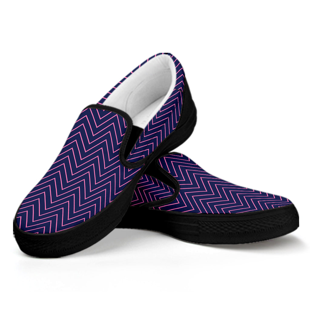 Navy And Pink Zigzag Pattern Print Black Slip On Shoes