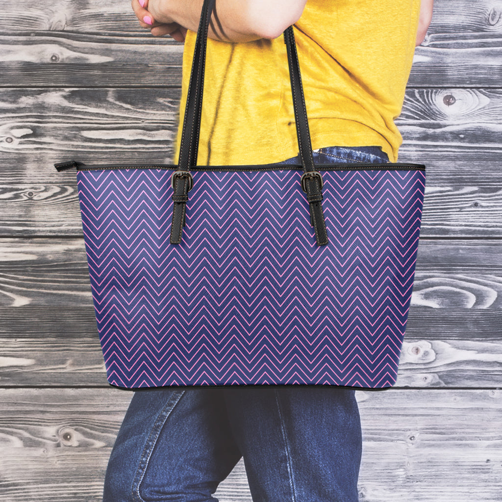 Navy And Pink Zigzag Pattern Print Leather Tote Bag