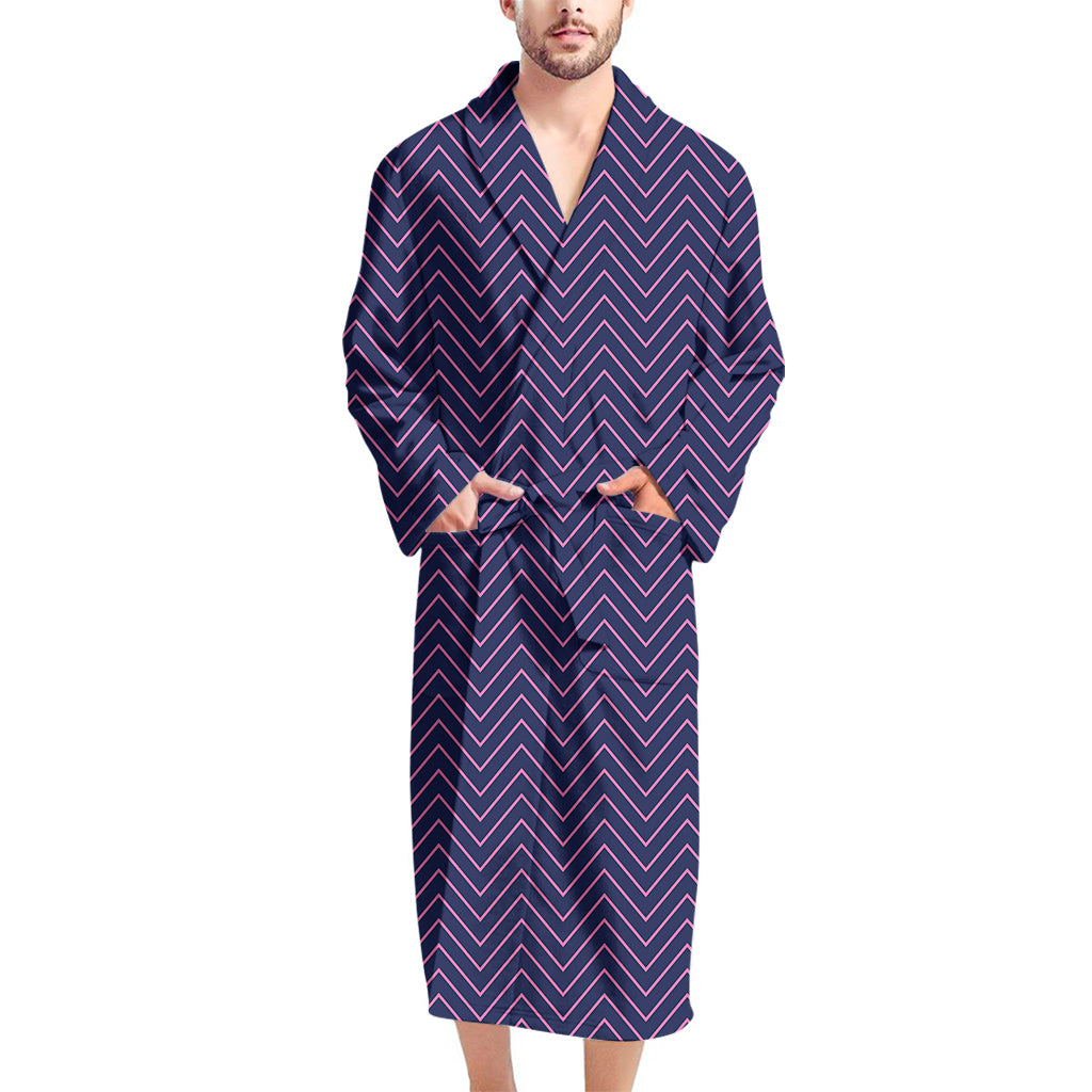 Navy And Pink Zigzag Pattern Print Men's Bathrobe