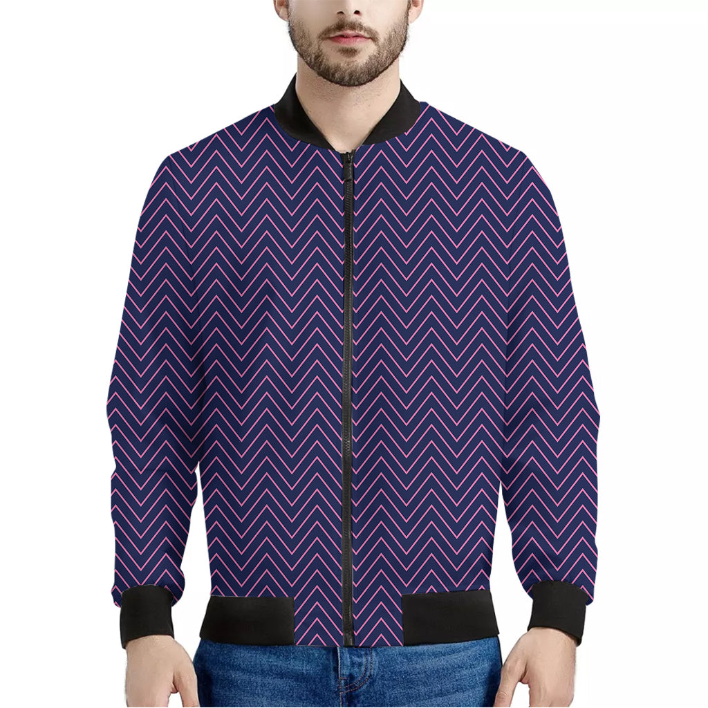 Navy And Pink Zigzag Pattern Print Men's Bomber Jacket