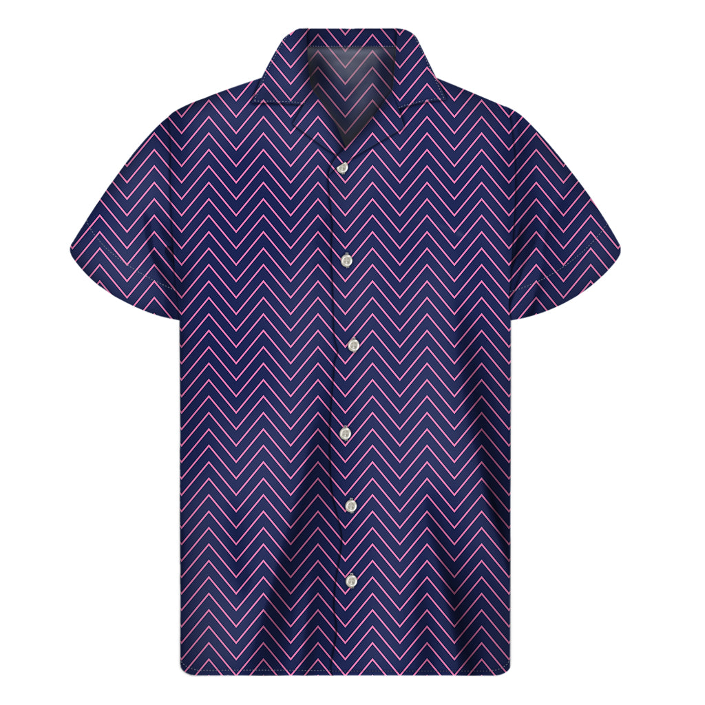 Navy And Pink Zigzag Pattern Print Men's Short Sleeve Shirt