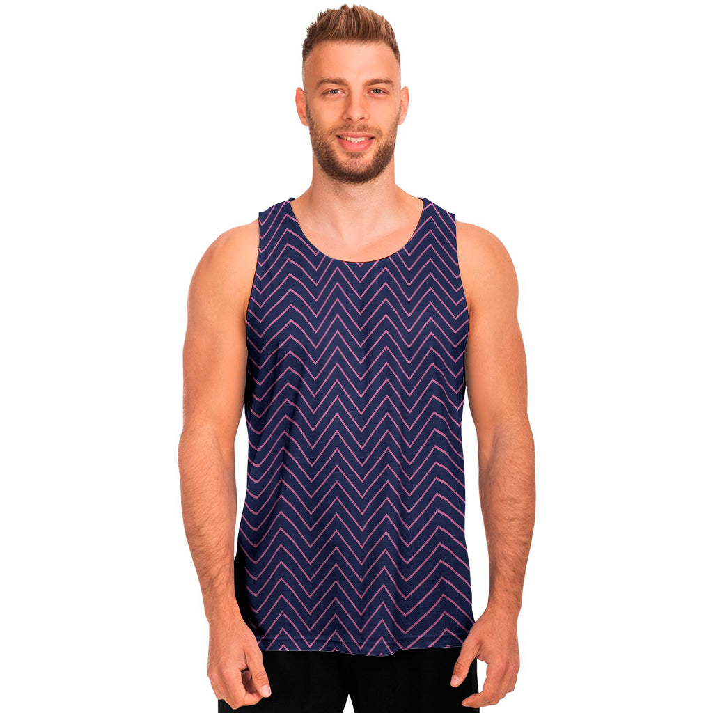 Navy And Pink Zigzag Pattern Print Men's Tank Top