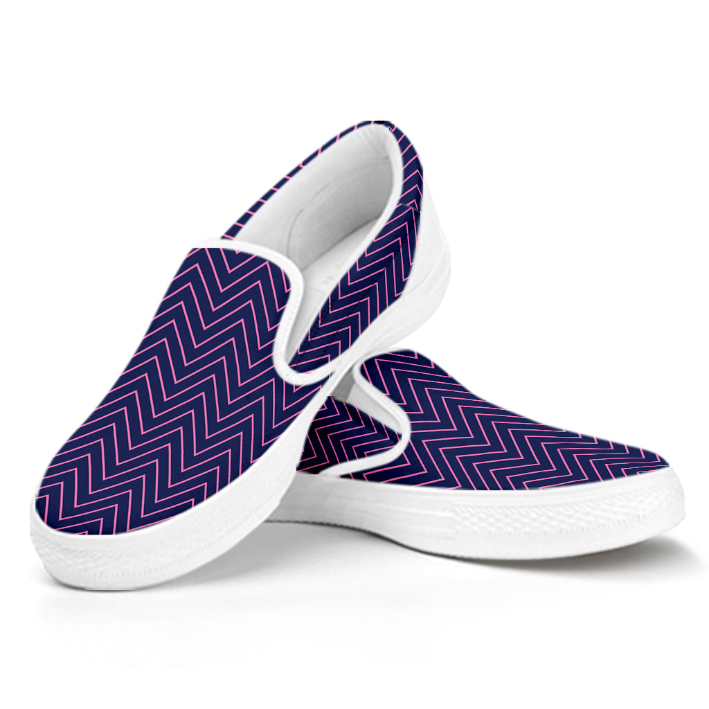 Navy And Pink Zigzag Pattern Print White Slip On Shoes