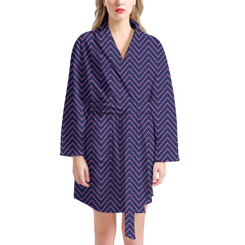 Navy And Pink Zigzag Pattern Print Women's Bathrobe