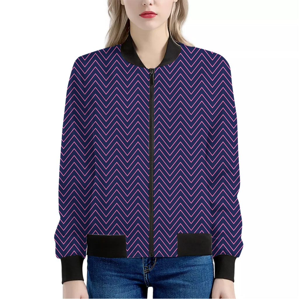 Navy And Pink Zigzag Pattern Print Women's Bomber Jacket