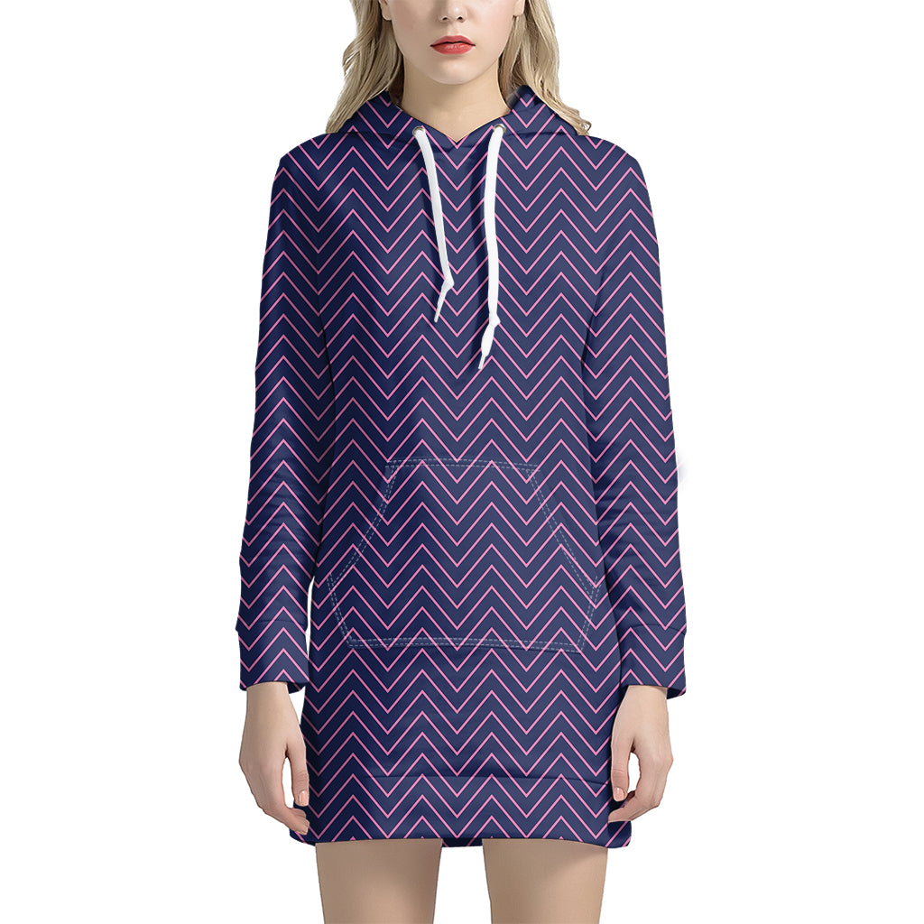 Navy And Pink Zigzag Pattern Print Women's Pullover Hoodie Dress