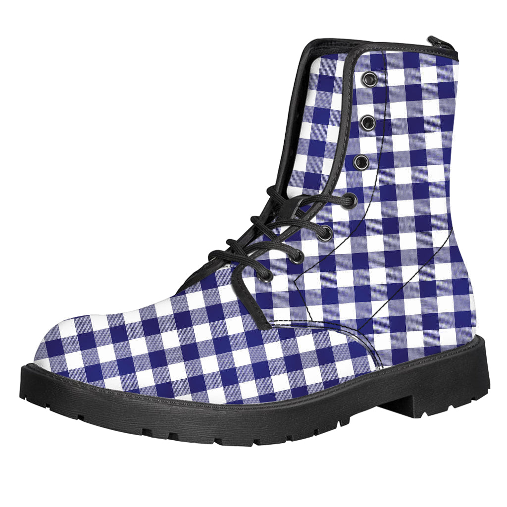 Navy And White Buffalo Check Print Leather Boots