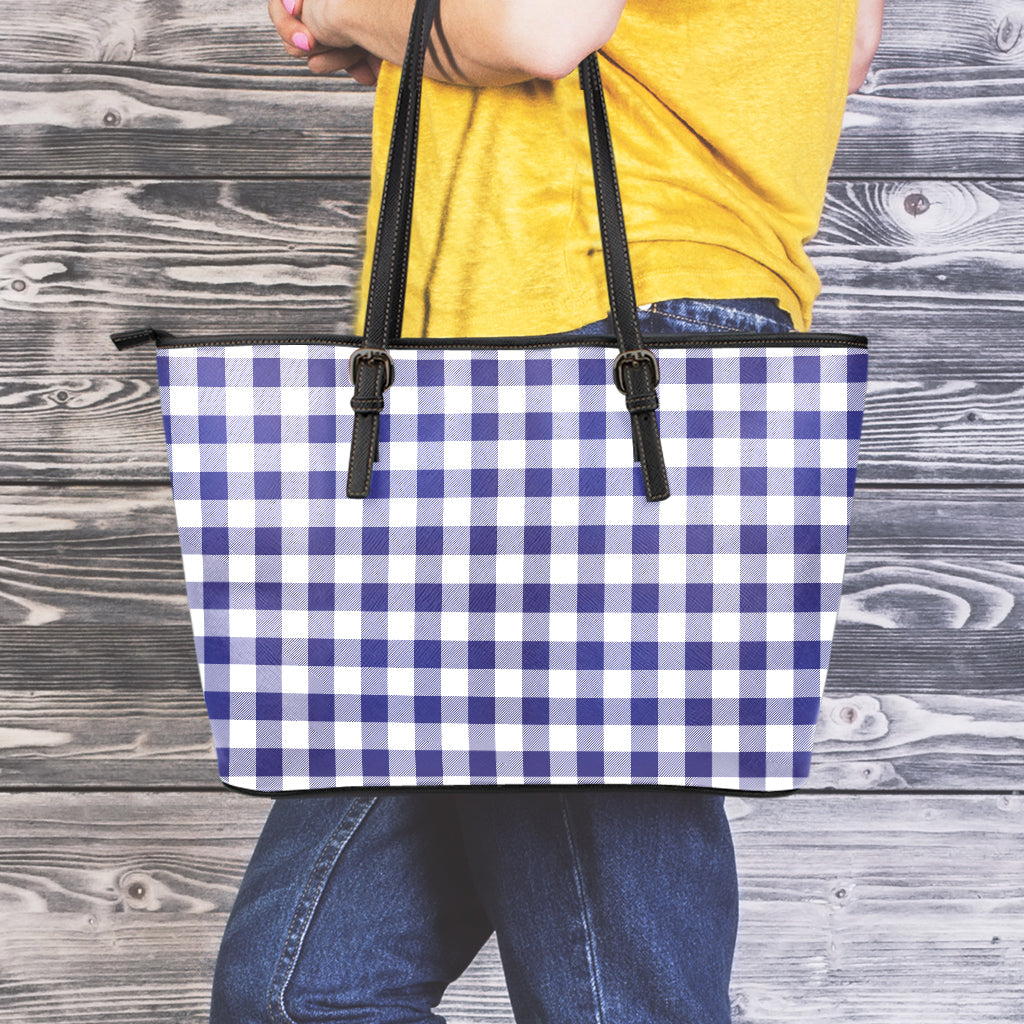 Navy And White Buffalo Check Print Leather Tote Bag