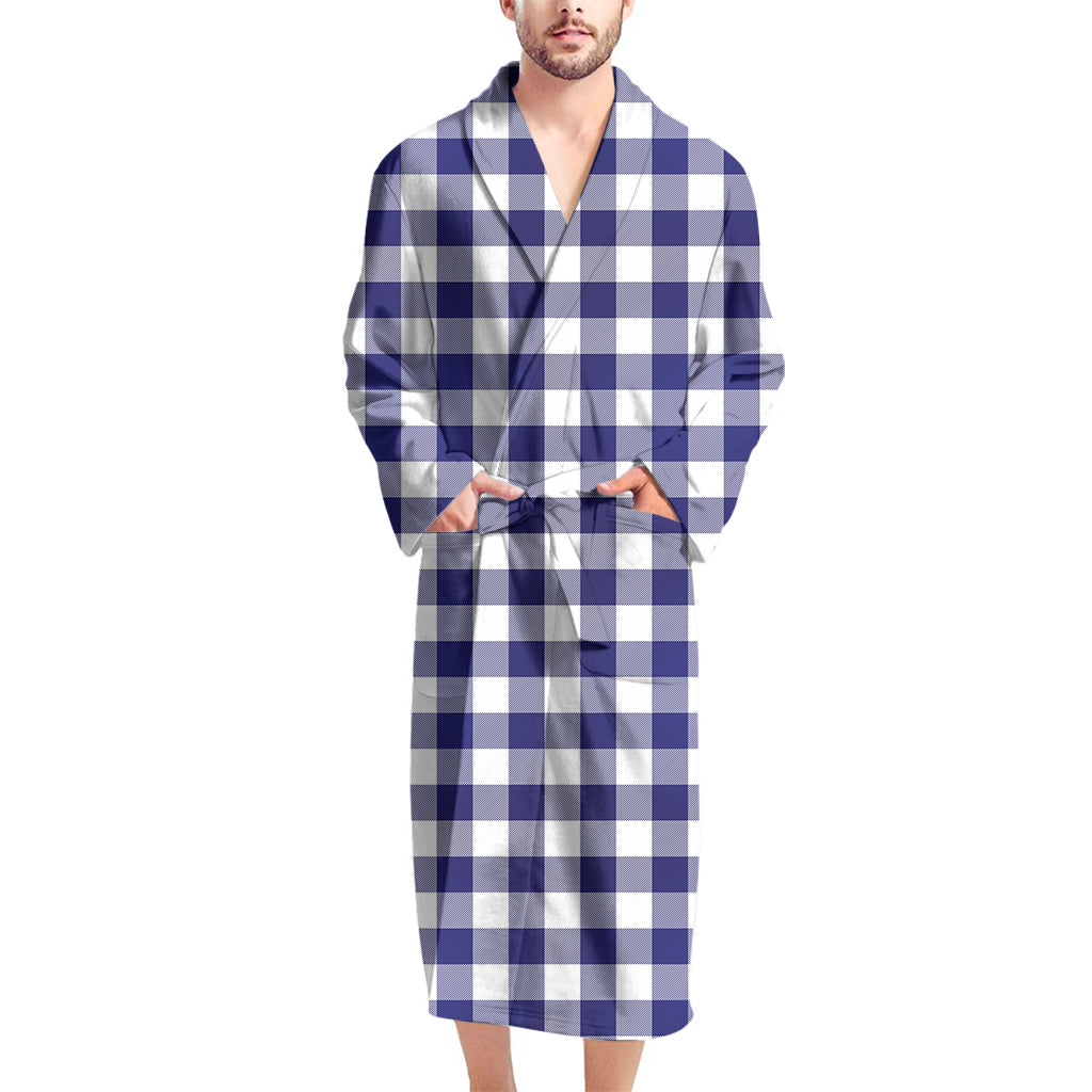 Navy And White Buffalo Check Print Men's Bathrobe