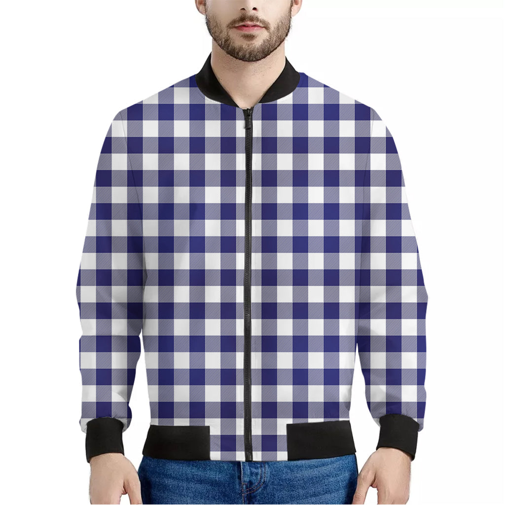 Navy And White Buffalo Check Print Men's Bomber Jacket