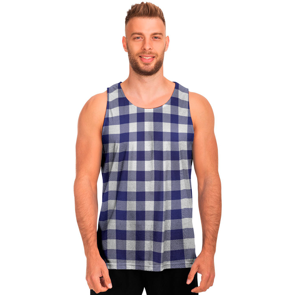 Navy And White Buffalo Check Print Men's Tank Top