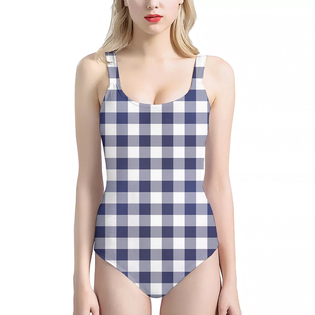 Navy And White Buffalo Check Print One Piece Halter Neck Swimsuit