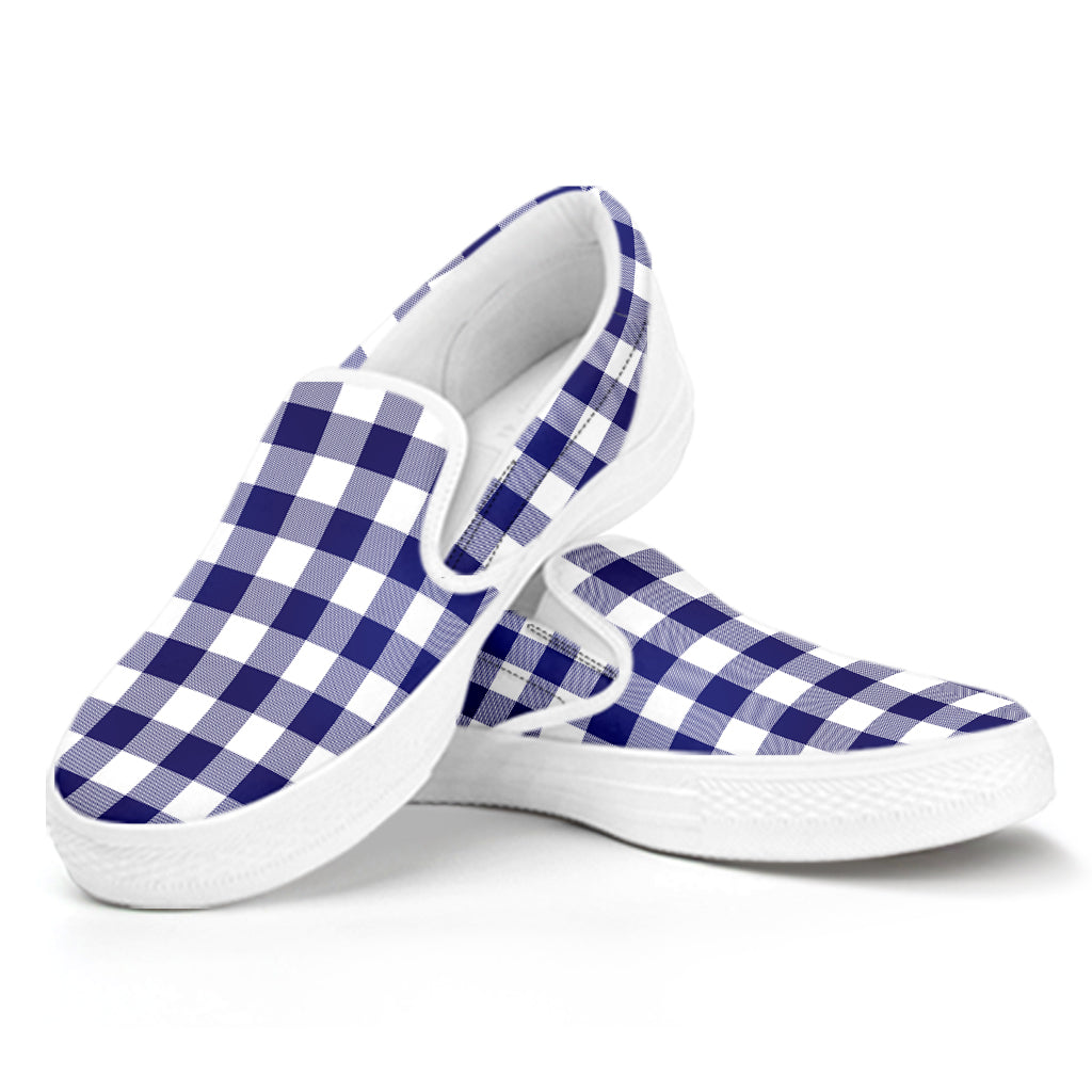 Navy And White Buffalo Check Print White Slip On Shoes