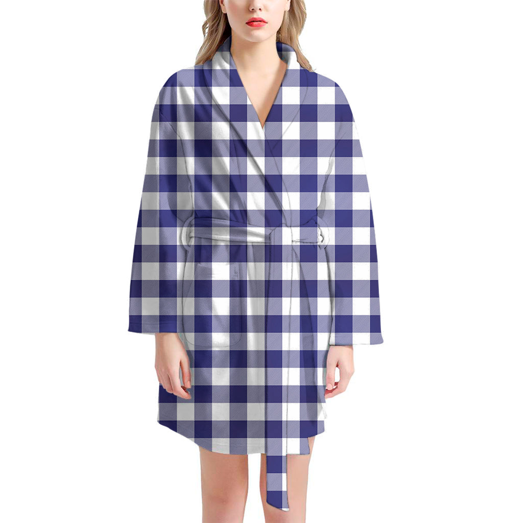 Navy And White Buffalo Check Print Women's Bathrobe