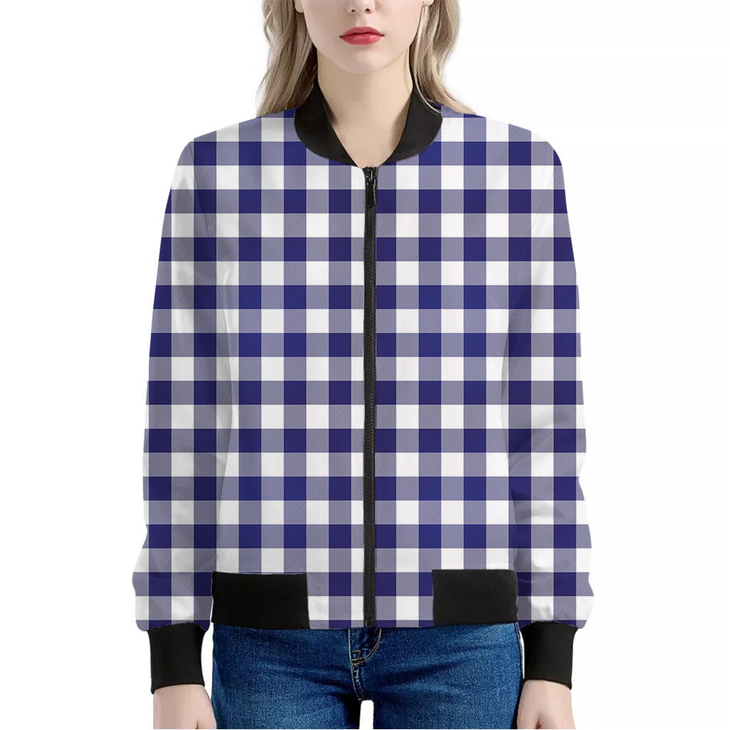 Navy And White Buffalo Check Print Women's Bomber Jacket