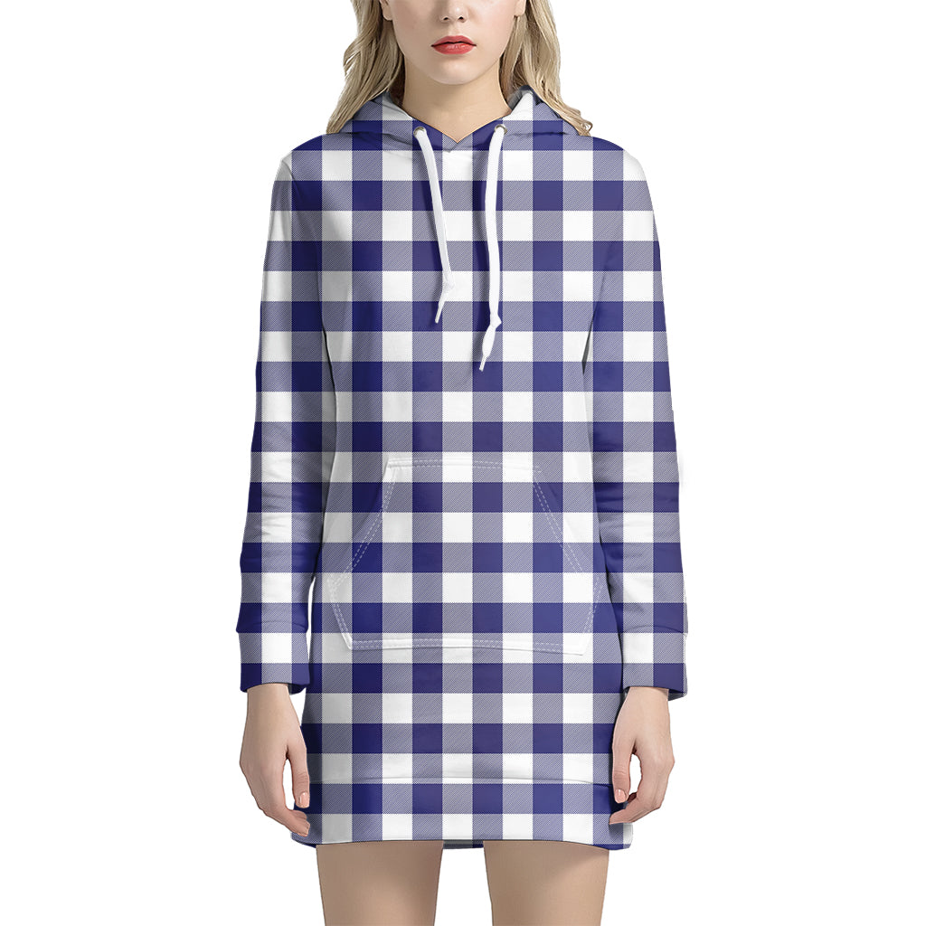 Navy And White Buffalo Check Print Women's Pullover Hoodie Dress