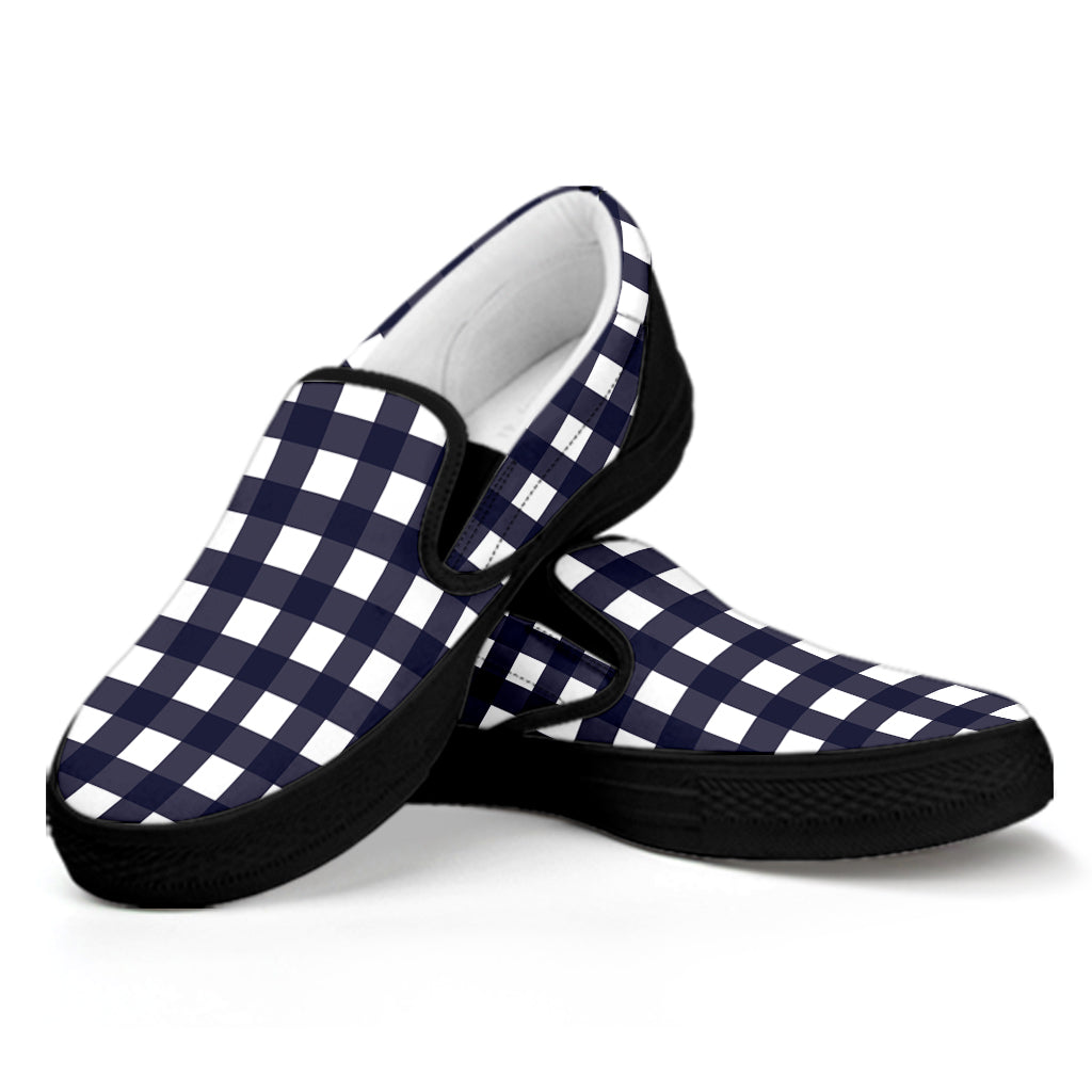 Navy And White Check Pattern Print Black Slip On Shoes