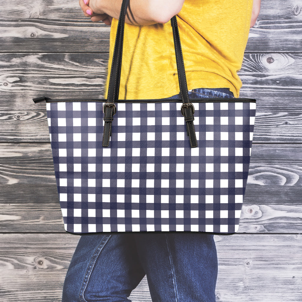 Navy And White Check Pattern Print Leather Tote Bag