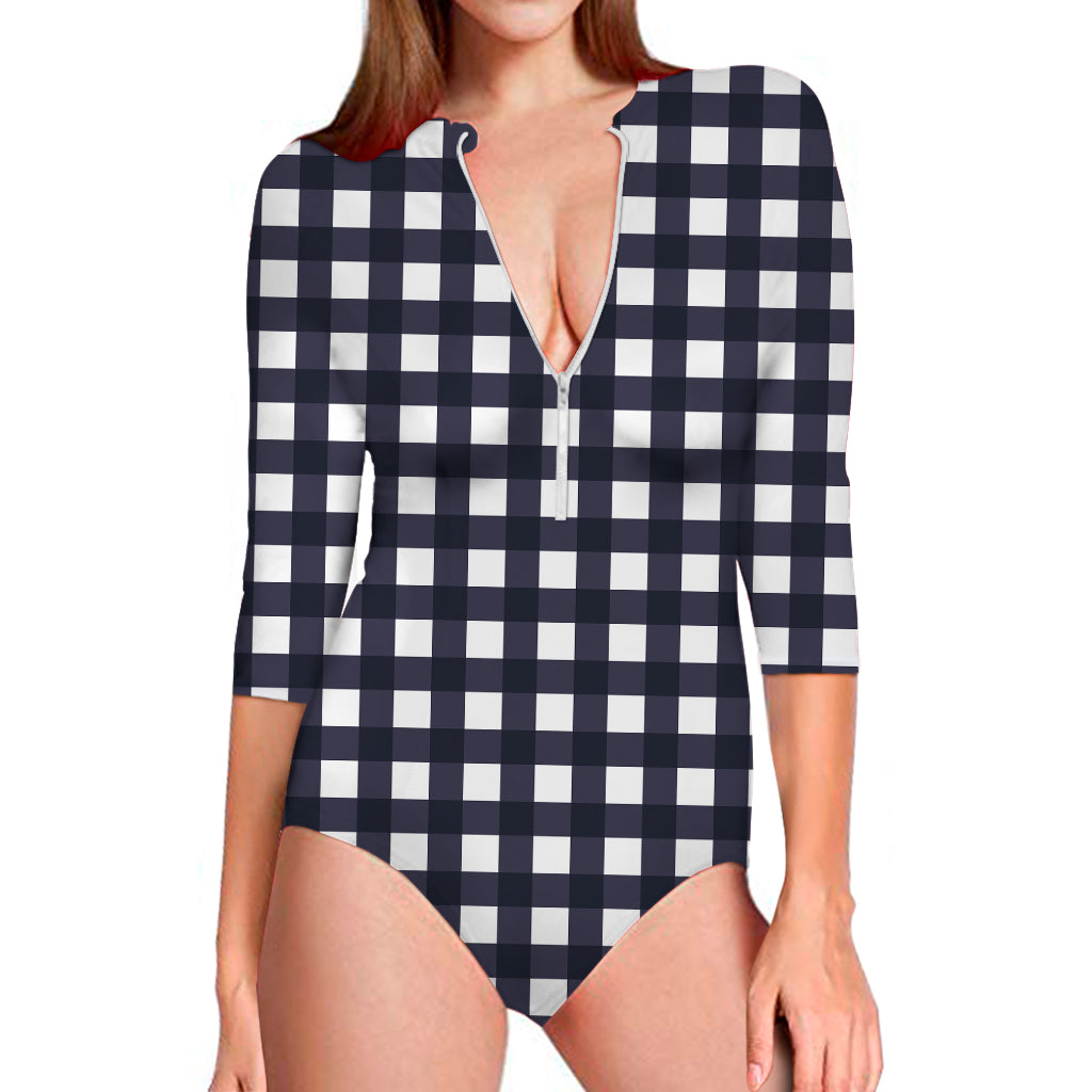 Navy And White Check Pattern Print Long Sleeve One Piece Swimsuit