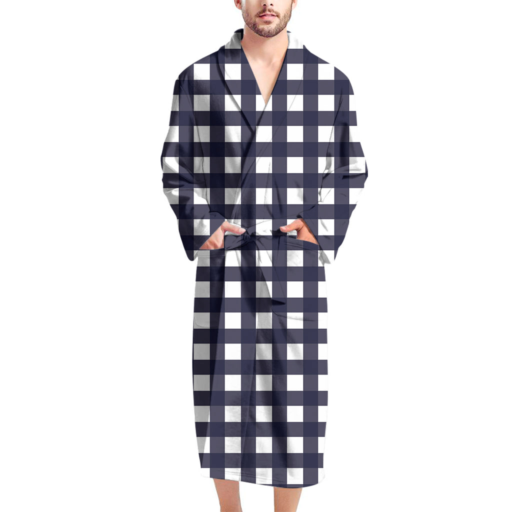 Navy And White Check Pattern Print Men's Bathrobe