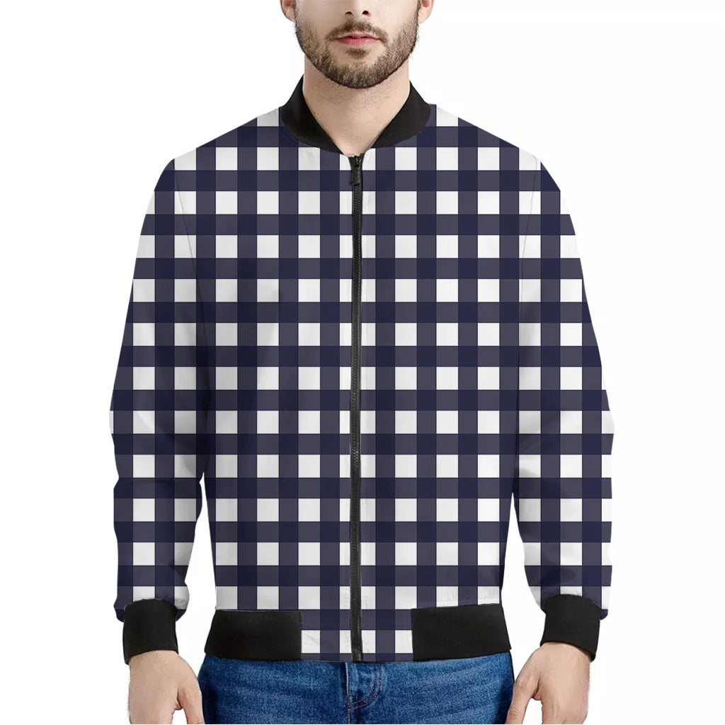 Navy And White Check Pattern Print Men's Bomber Jacket