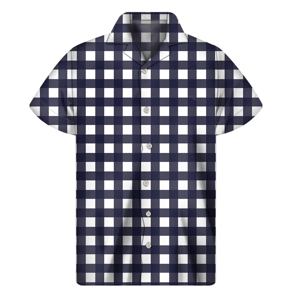 Navy And White Check Pattern Print Men's Short Sleeve Shirt