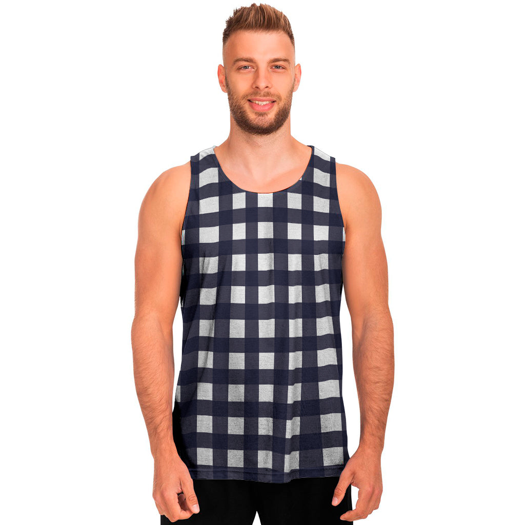 Navy And White Check Pattern Print Men's Tank Top