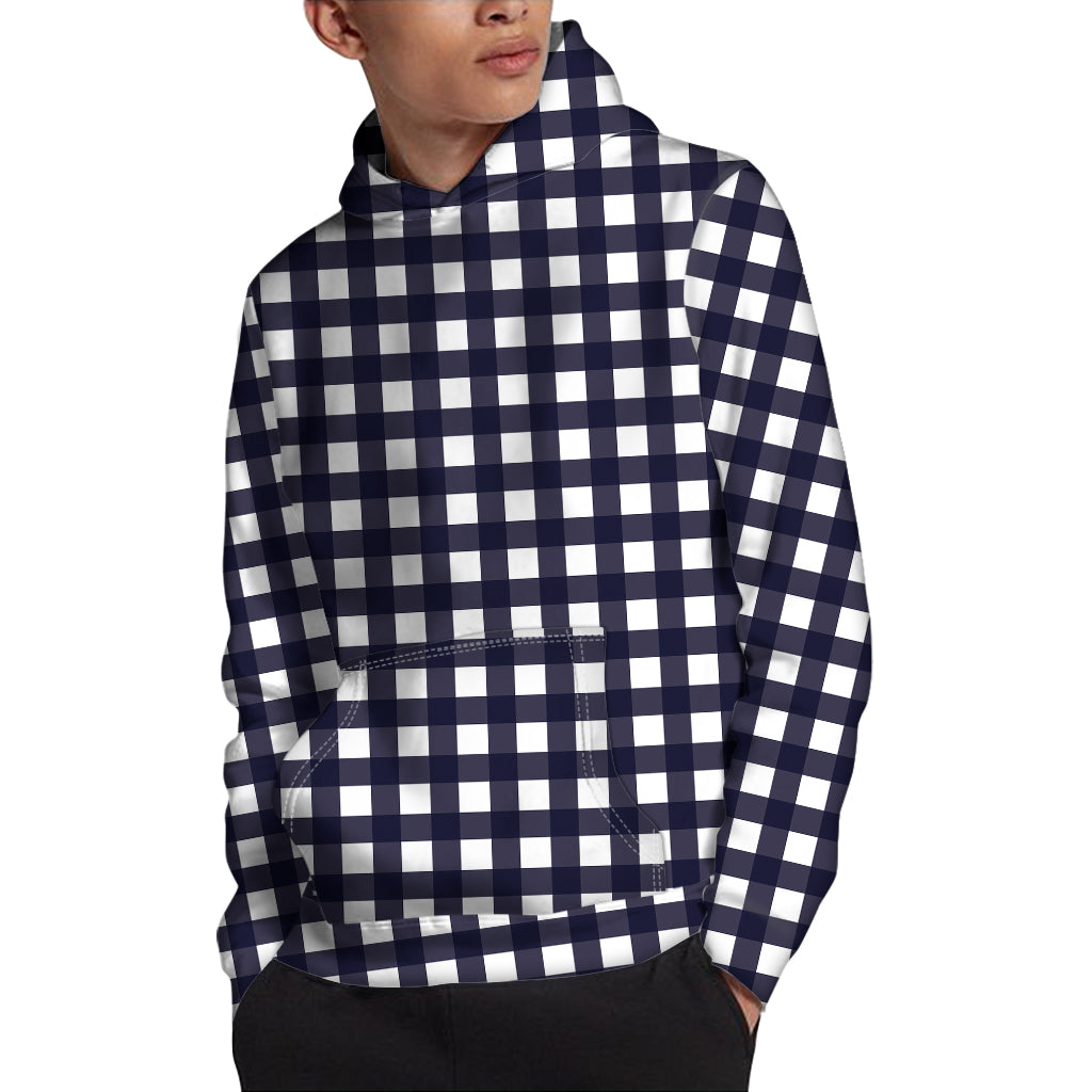 Navy And White Check Pattern Print Pullover Hoodie