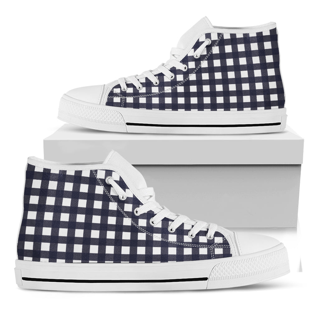 Navy And White Check Pattern Print White High Top Shoes