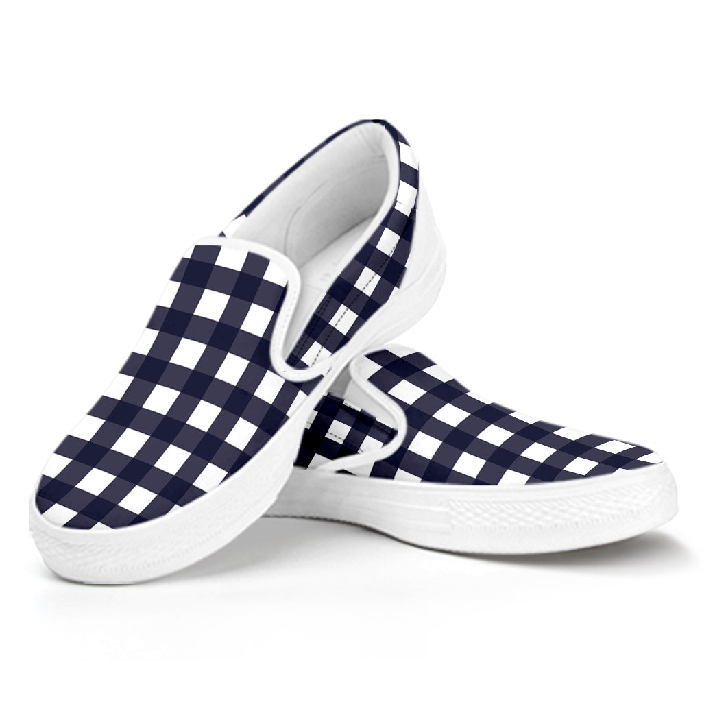 Navy And White Check Pattern Print White Slip On Shoes