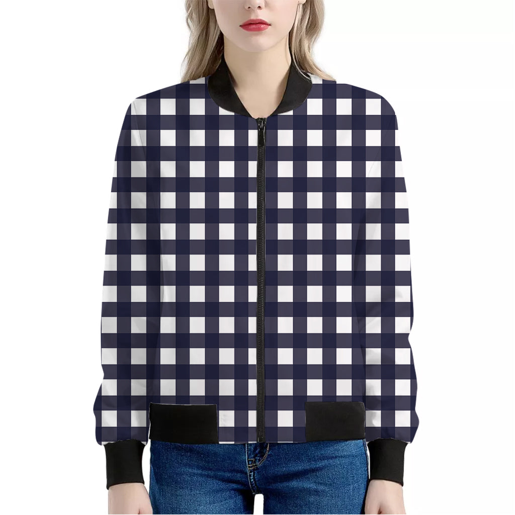 Navy And White Check Pattern Print Women's Bomber Jacket