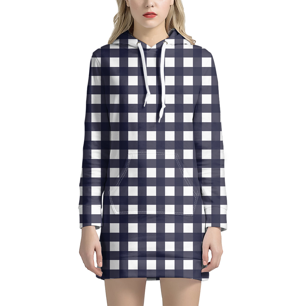 Navy And White Check Pattern Print Women's Pullover Hoodie Dress