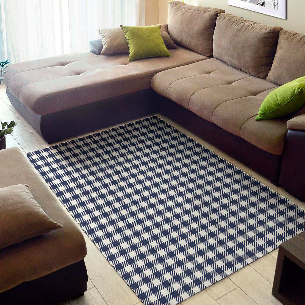 Navy And White Gingham Pattern Print Area Rug