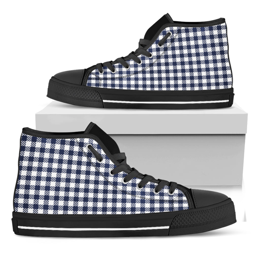 Navy And White Gingham Pattern Print Black High Top Shoes