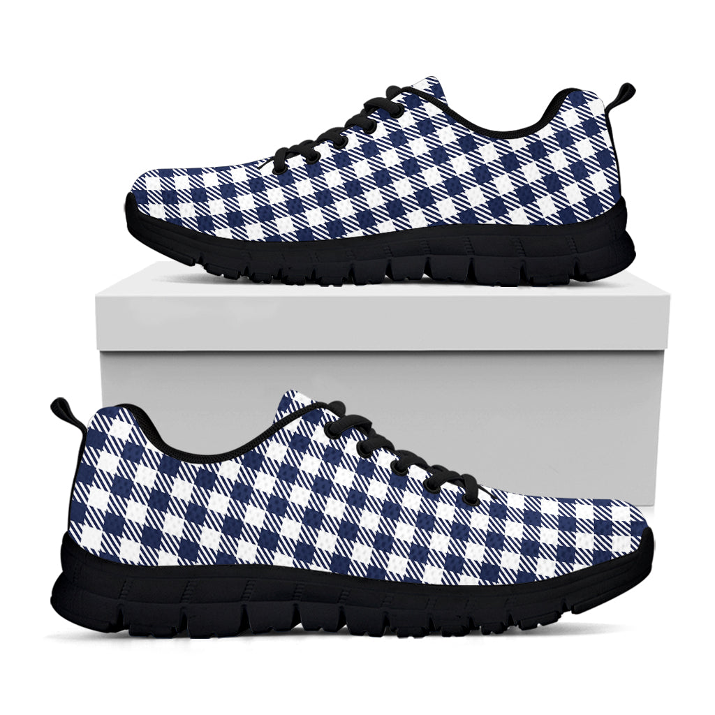 Navy And White Gingham Pattern Print Black Sneakers