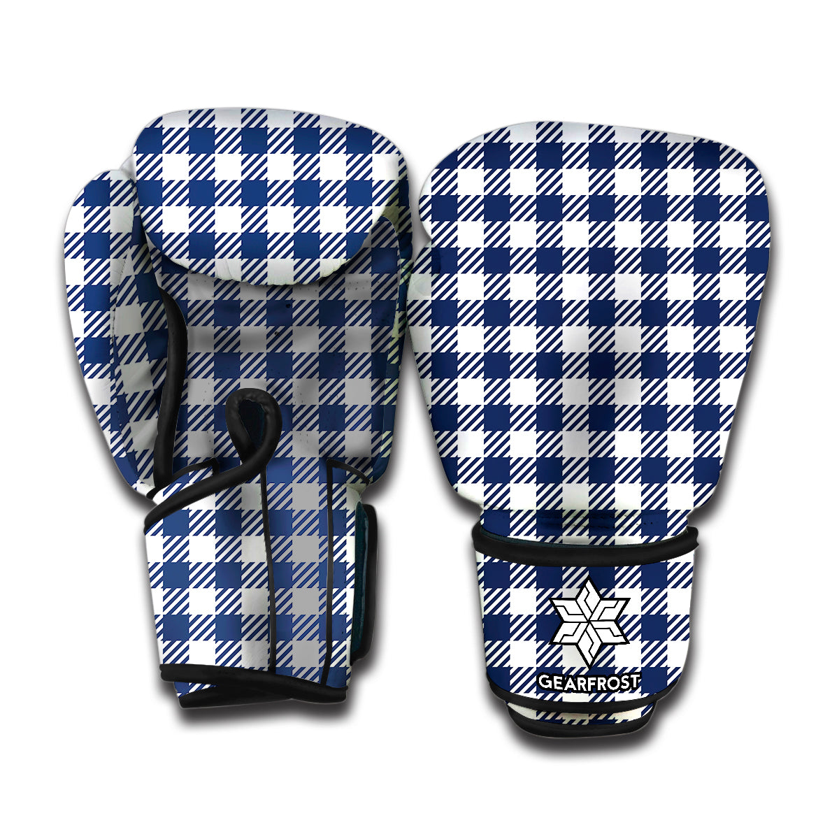 Navy And White Gingham Pattern Print Boxing Gloves