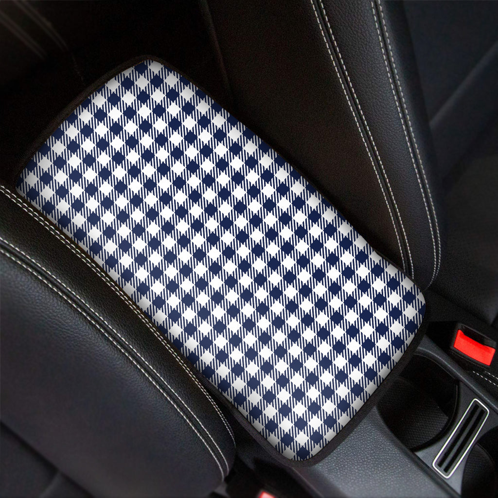 Navy And White Gingham Pattern Print Car Center Console Cover